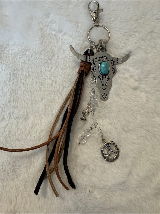 None Accessories - Western Turquoise Steer Skull Keychain with Leather Tassel